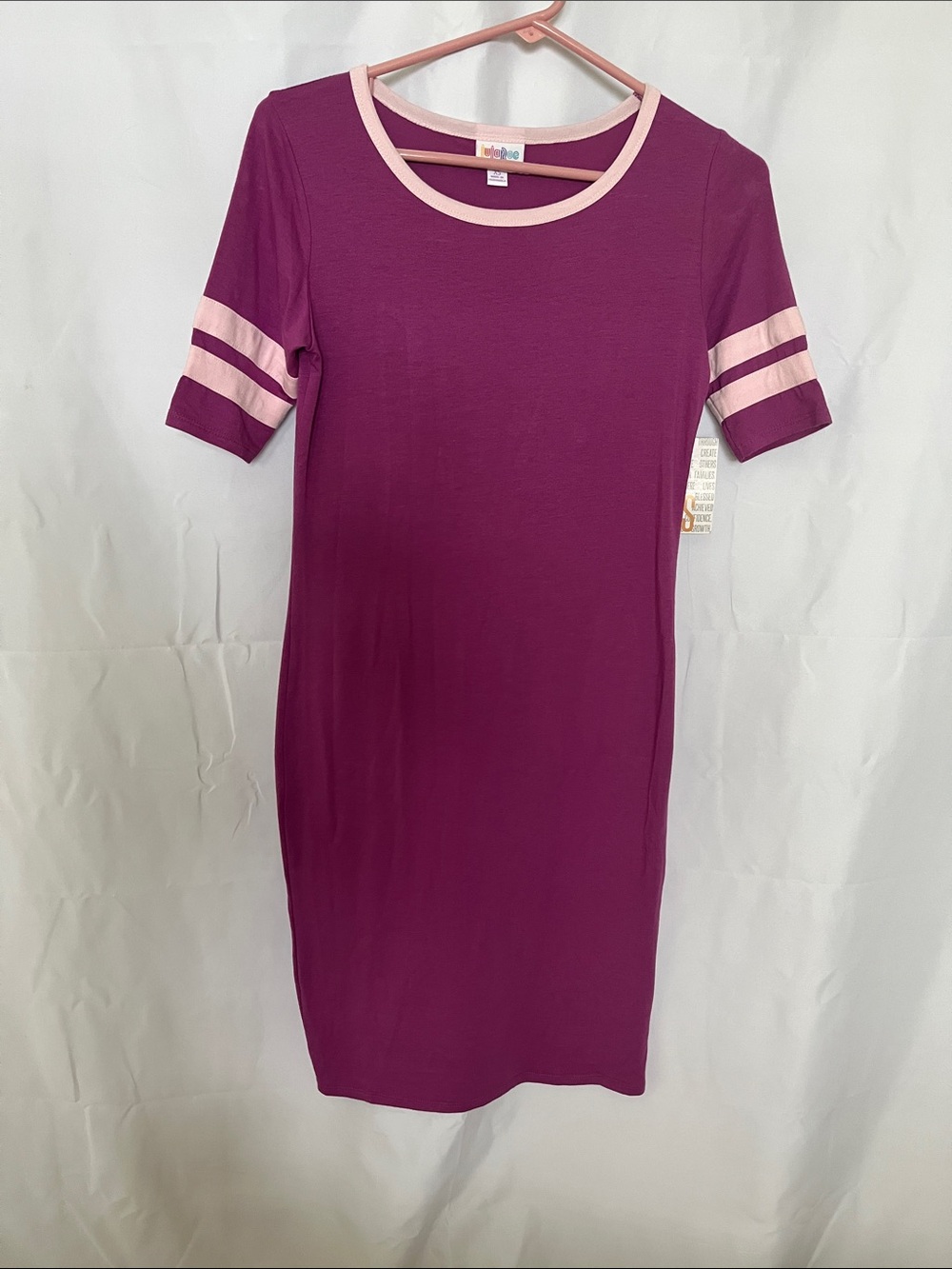 LuLaRoe Women’s Raspberry Short Sleeve Sporty JULIA Dress with Pink Trim XS